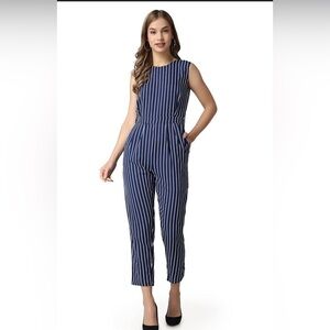 Women’s Navy White Striped Sleeveless Cutout Jumpsuit NWOT
